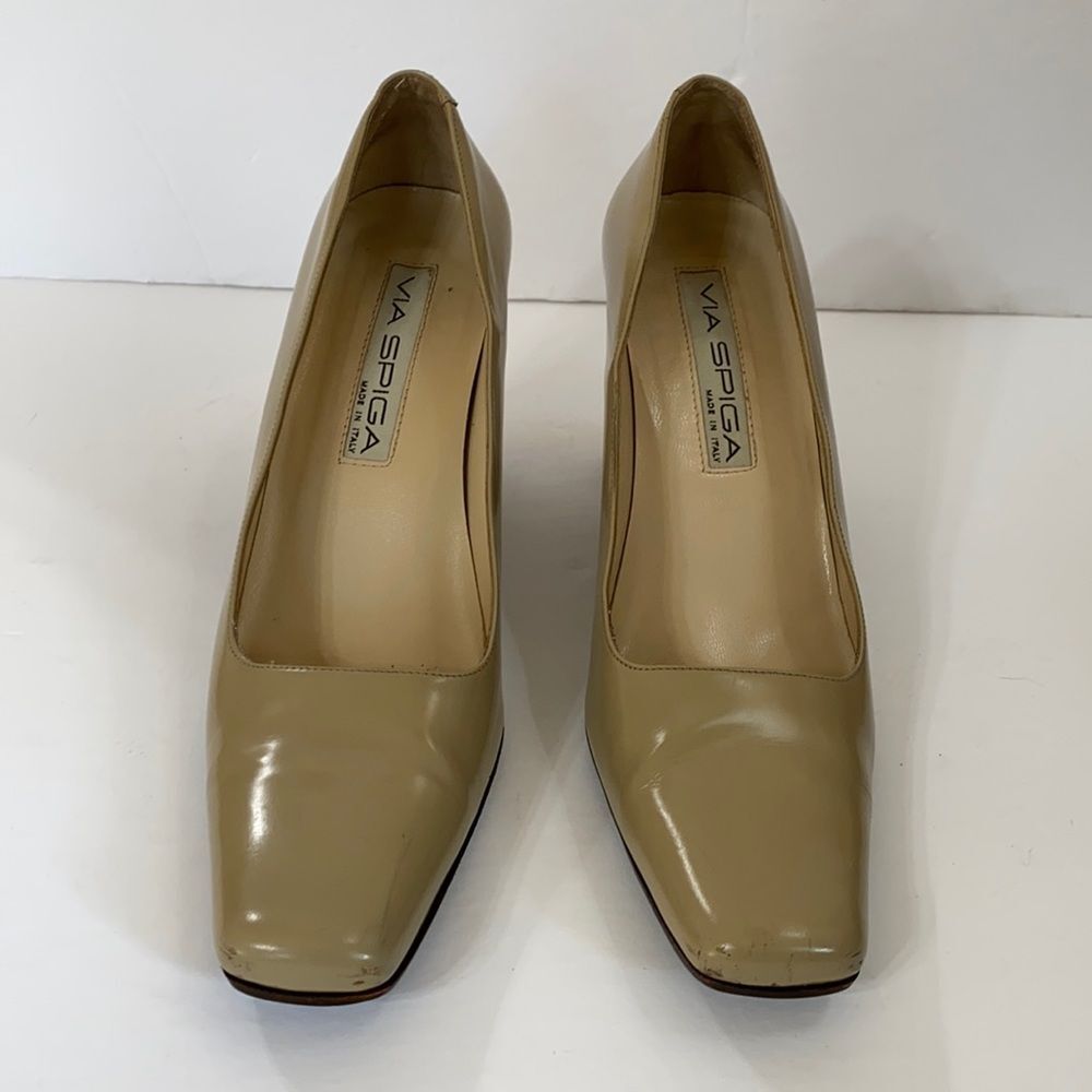 Via Spiga Neutral Tan Color Square Toe Pump Heels